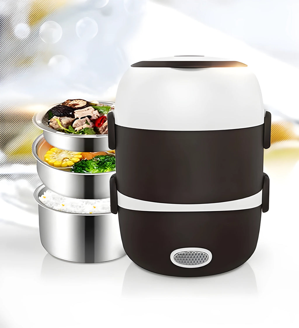 USB-powered electric lunch box showing two-layer and three-layer insulated compartments with capacity options