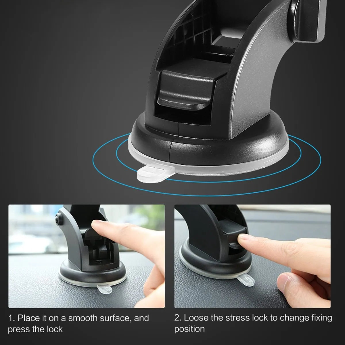 Yellow and black car phone holder with telescopic arm and suction cup mount on a dashboard