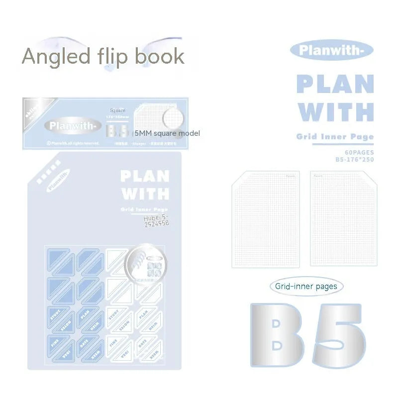 Oblique Angle Salt Series A5 and B5 student draft notebook with 60 pages, showing white and plaid blue cover options.