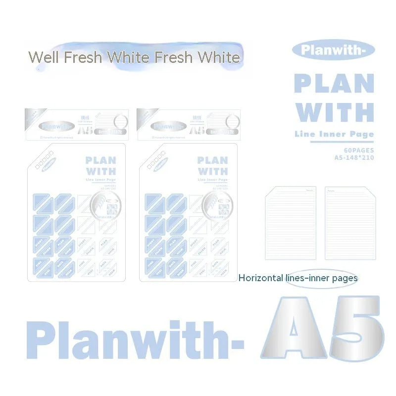 Oblique Angle Salt Series A5 and B5 student draft notebook with 60 pages, showing white and plaid blue cover options.