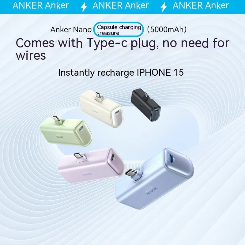 Compact capsule-shaped power bank with 5000mAh capacity measuring 77x36x25mm