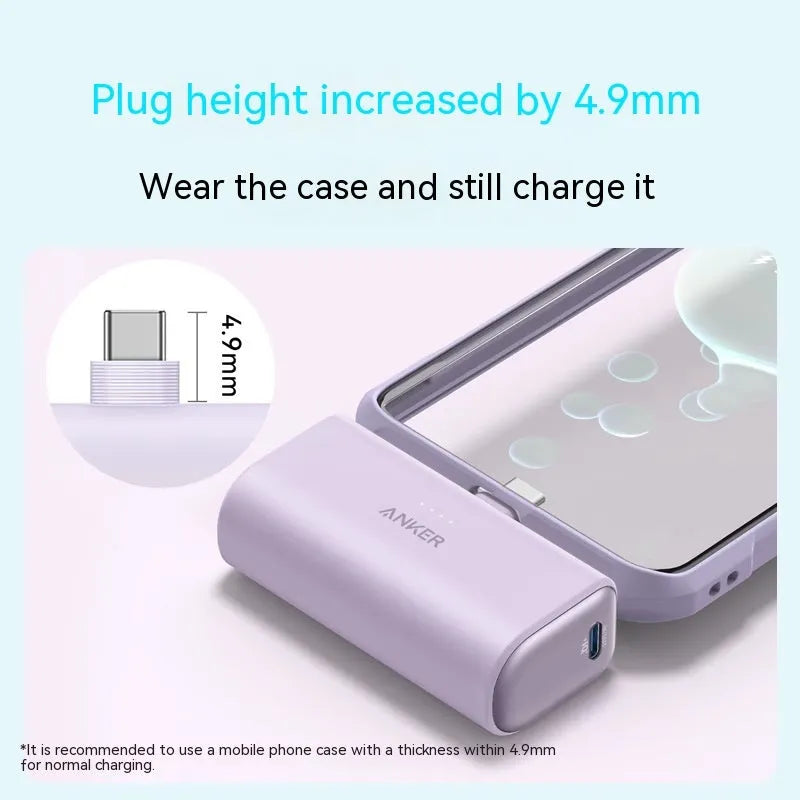 Compact capsule-shaped power bank with 5000mAh capacity measuring 77x36x25mm