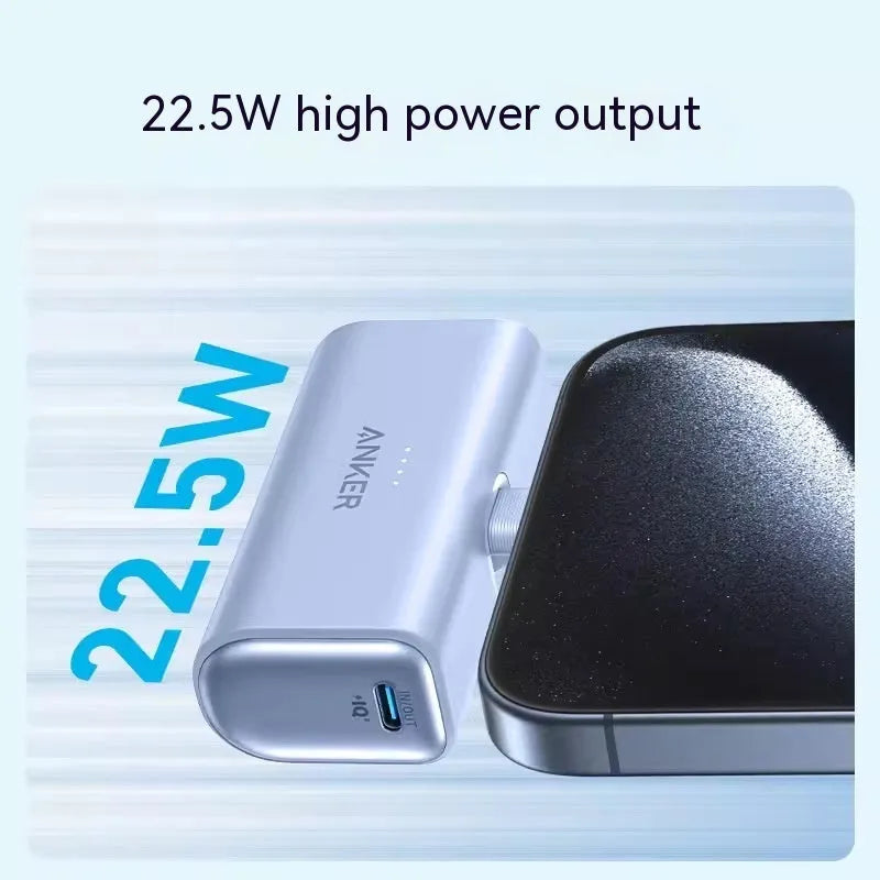 Compact capsule-shaped power bank with 5000mAh capacity measuring 77x36x25mm