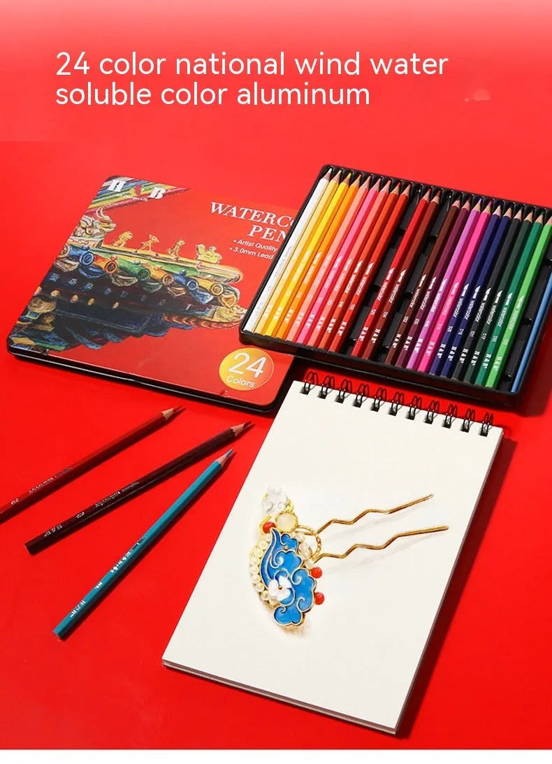 Water-soluble coloured pencil set with 24 colours and a brush in a black iron box.