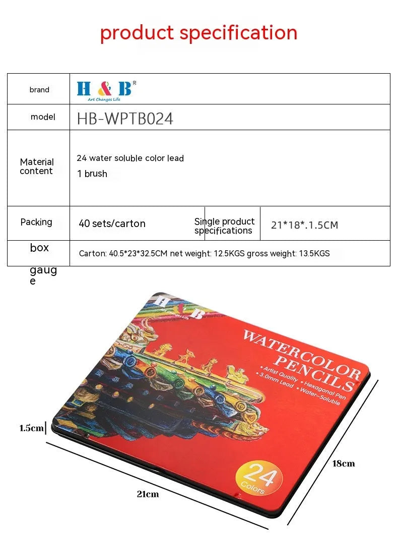Water-soluble coloured pencil set with 24 colours and a brush in a black iron box.