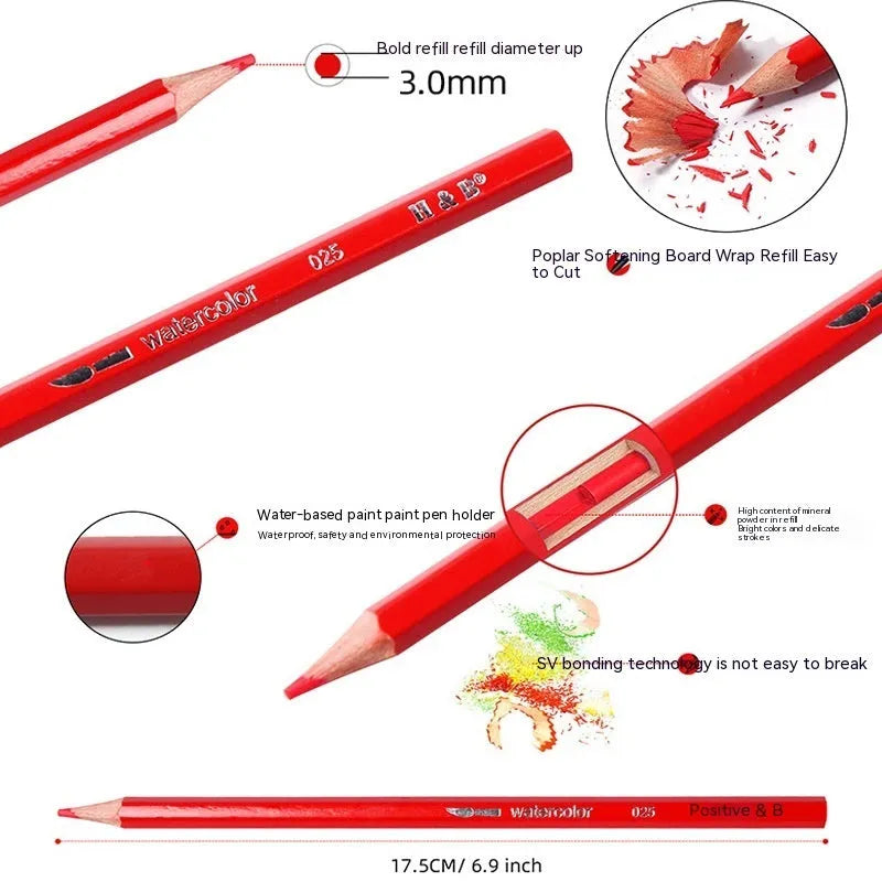 Water-soluble coloured pencil set with 24 colours and a brush in a black iron box.