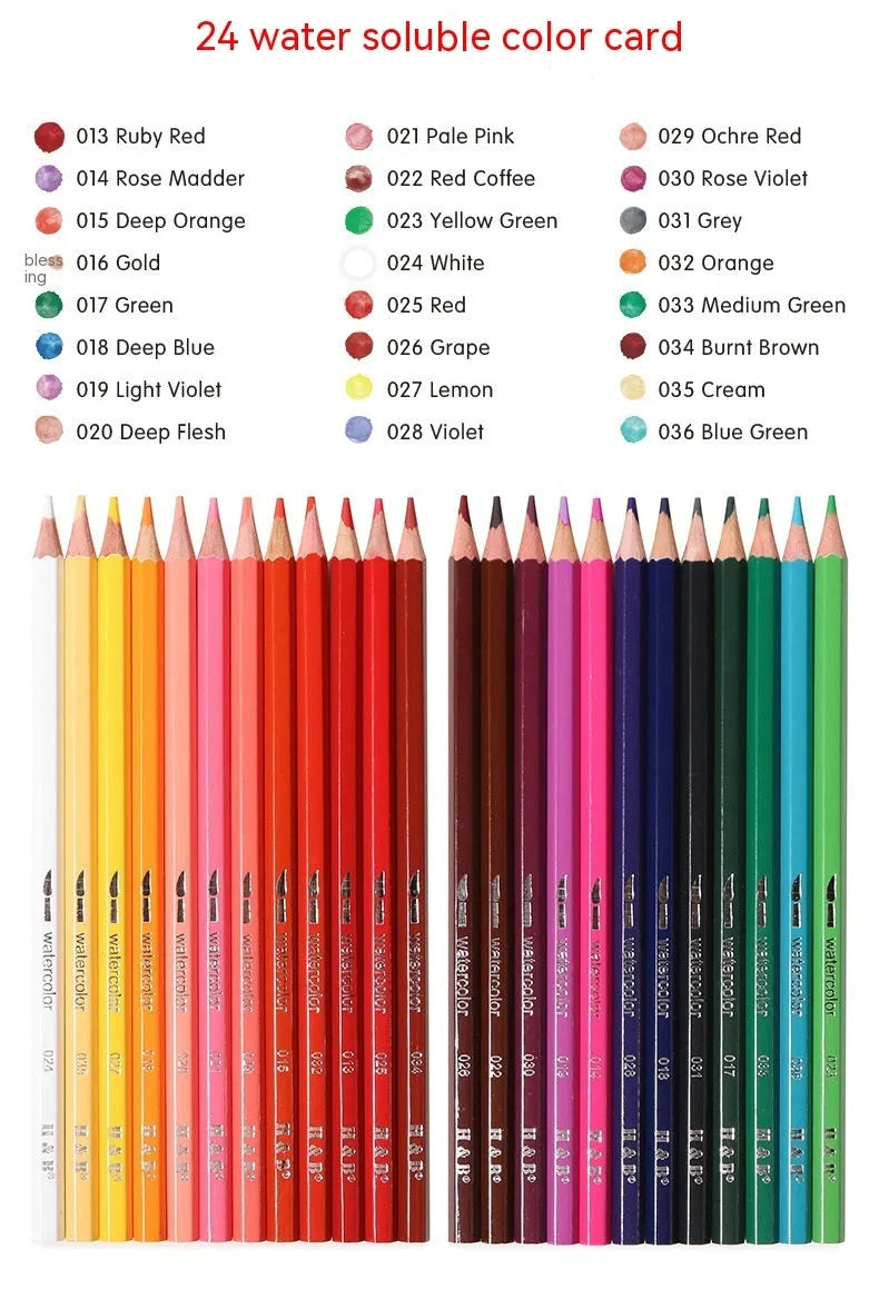 Water-soluble coloured pencil set with 24 colours and a brush in a black iron box.