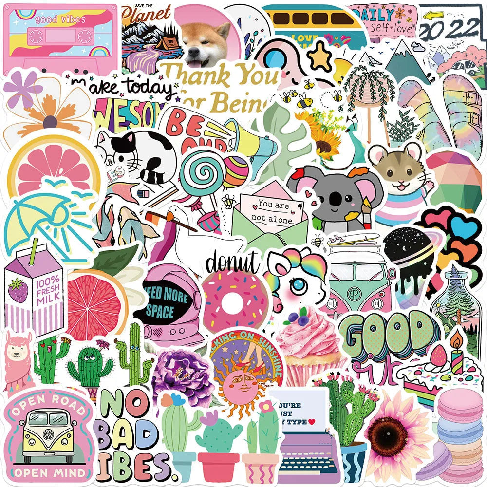 50 cartoon PVC waterproof stickers in assorted graffiti styles including astronaut, drink, and animal designs on a white background