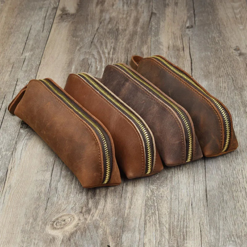 Genuine leather handmade pencil case with zipper in four colour options