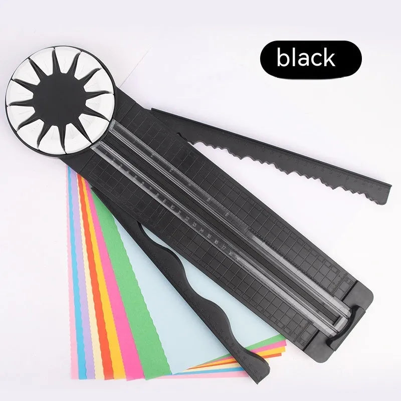 12-in-1 plastic paper cutting machine in pink colour on white background