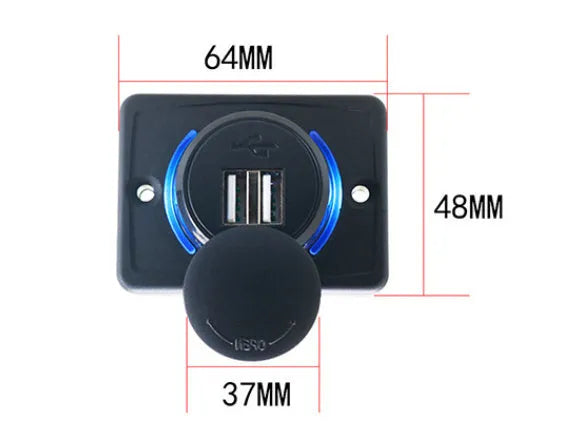 Black dual USB car charger with mounting screws for 12-24V vehicle installation