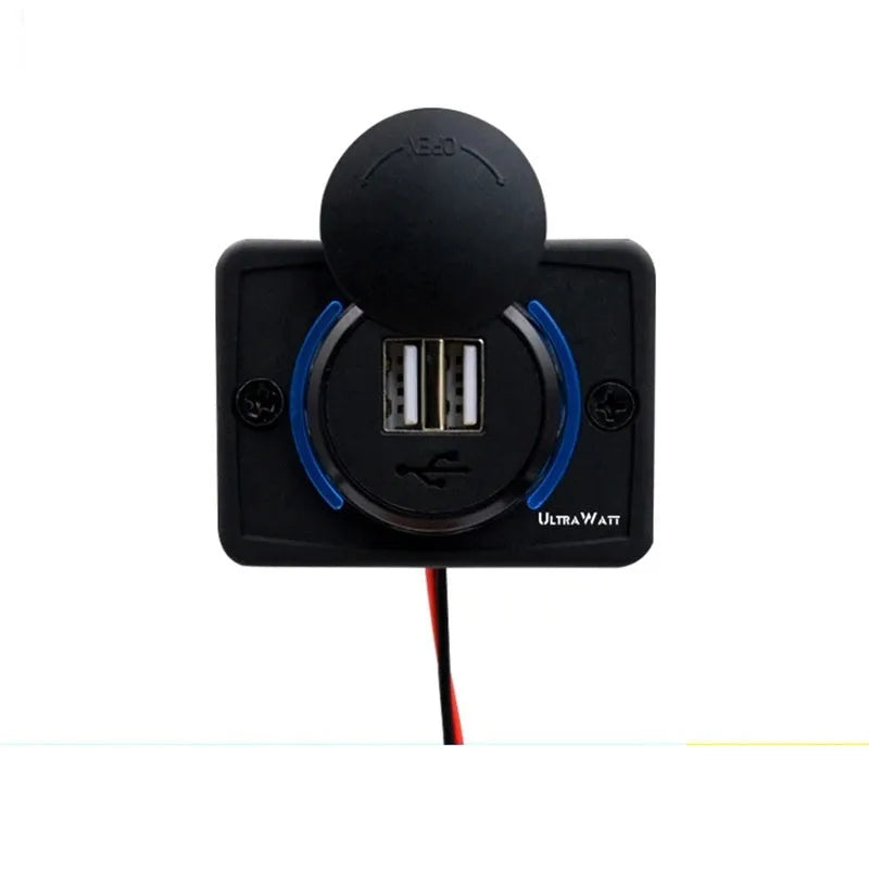Black dual USB car charger with mounting screws for 12-24V vehicle installation