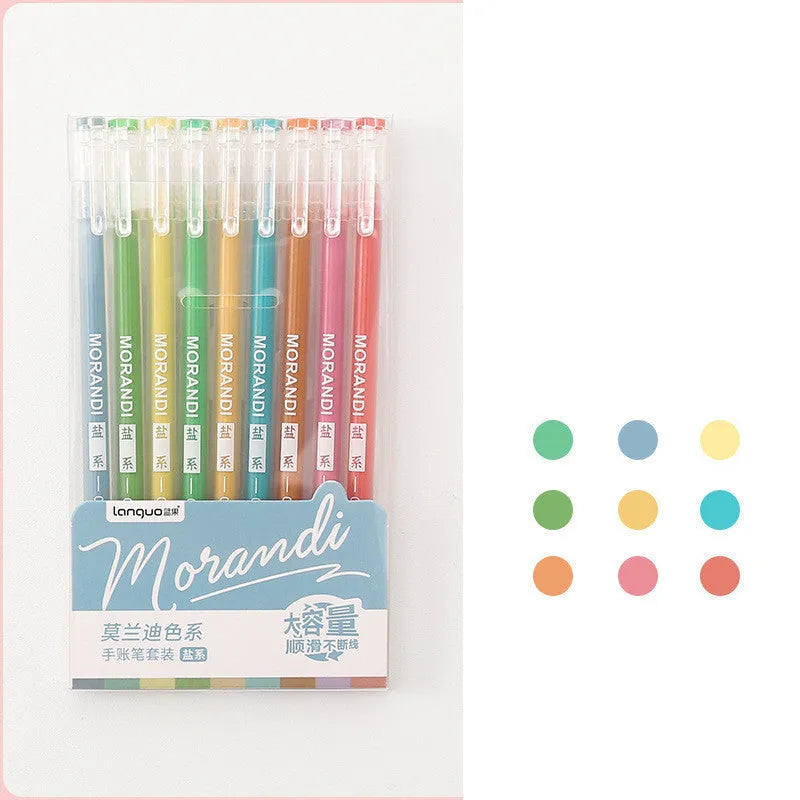 Set of nine retro Japanese colour gel pens with 0.5mm needle tips on white background