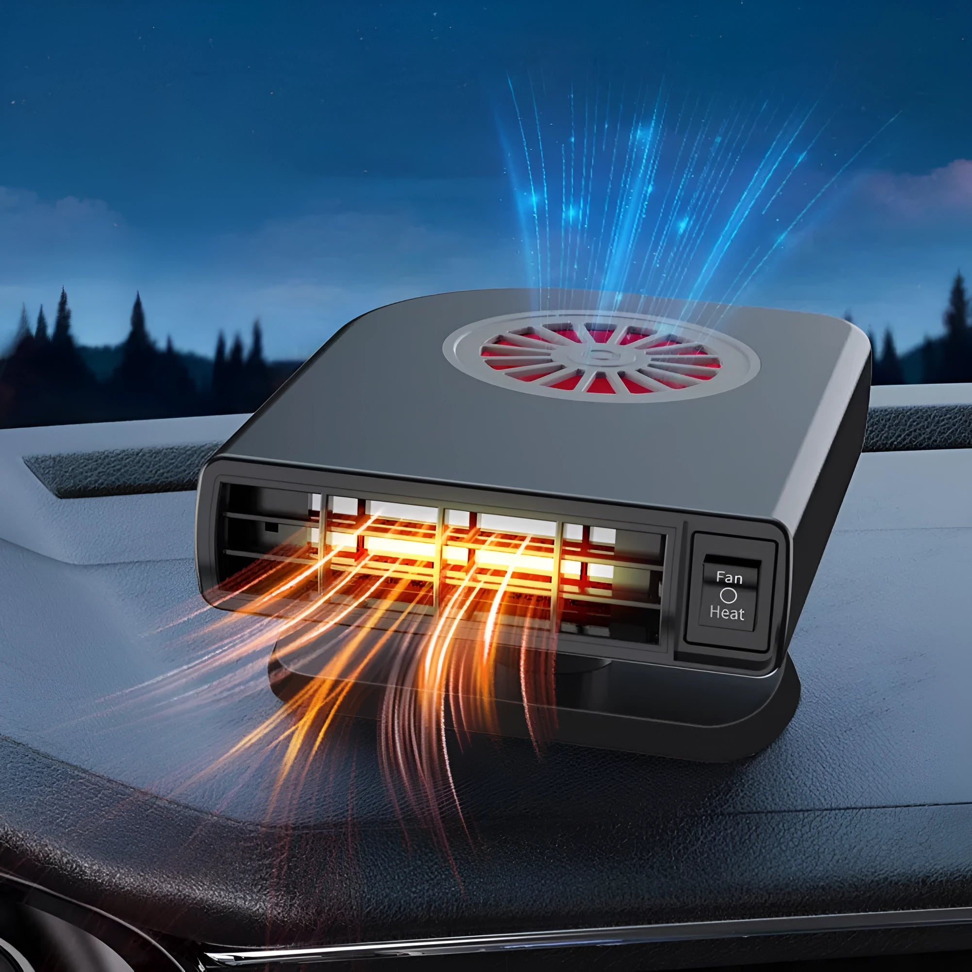 Black ABS plastic car heater with adjustable mount for defrosting and interior warming