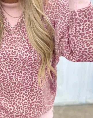 Women's round neck long sleeve leopard print top in brown, polyester fibre, size S to XL