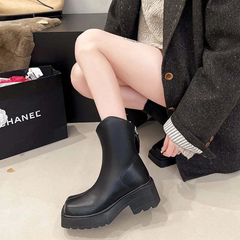 Women's black platform Martin boots with square toe and 6-8cm high heel