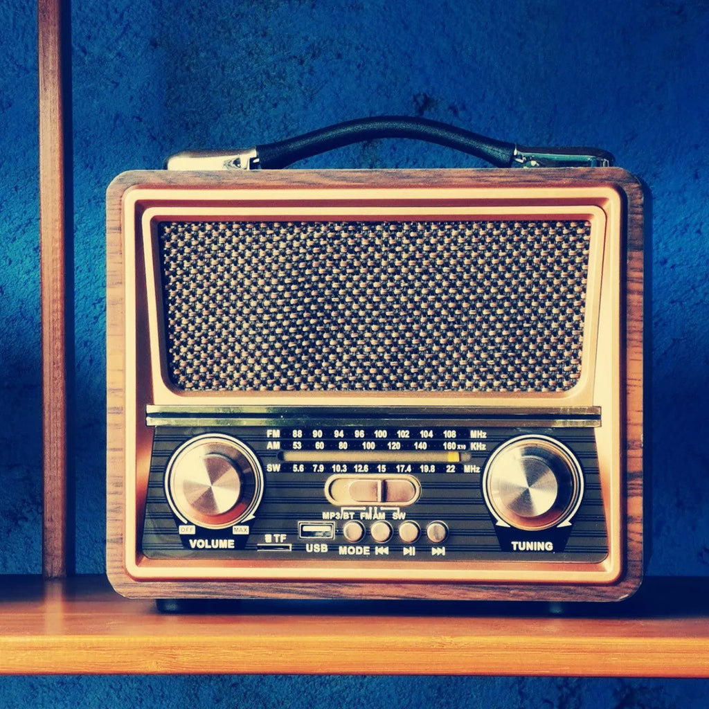 Pure wooden case radio Bluetooth speaker with FM AM SW3 bands, built-in rechargeable battery, and solar charging jack - mixed colour finish