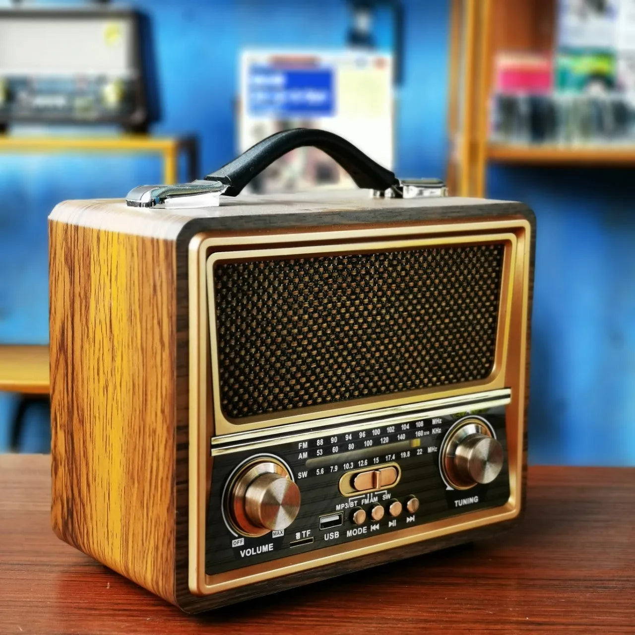 Pure wooden case radio Bluetooth speaker with FM AM SW3 bands, built-in rechargeable battery, and solar charging jack - mixed colour finish