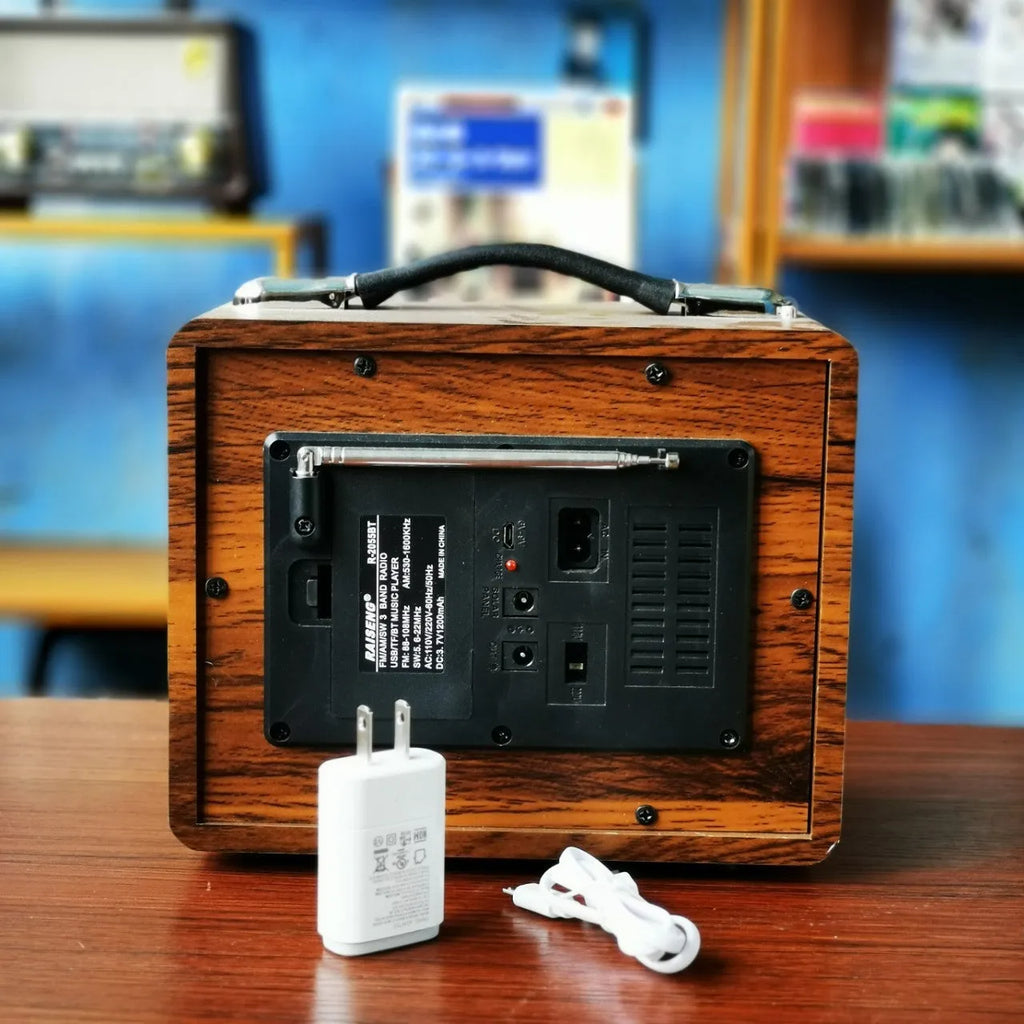 Pure wooden case radio Bluetooth speaker with FM AM SW3 bands, built-in rechargeable battery, and solar charging jack - mixed colour finish