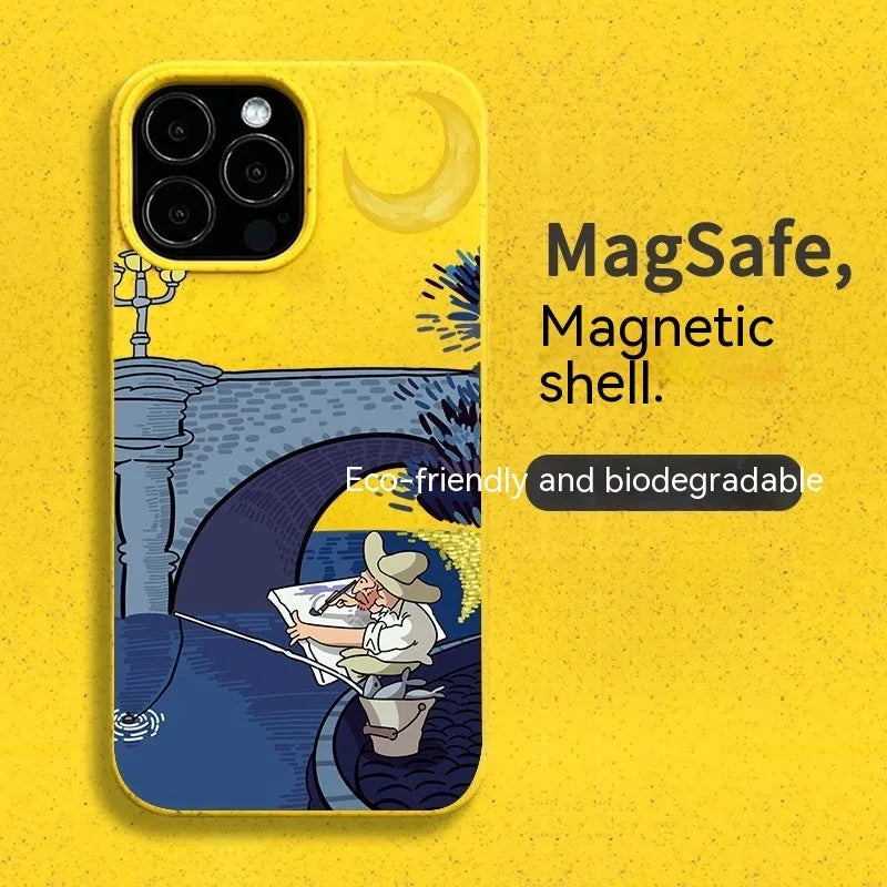 Retro graffiti magnetic phone case for iPhone 13 and 14 series with creative oil painting design and resin texture
