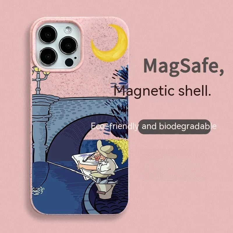 Retro graffiti magnetic phone case for iPhone 13 and 14 series with creative oil painting design and resin texture