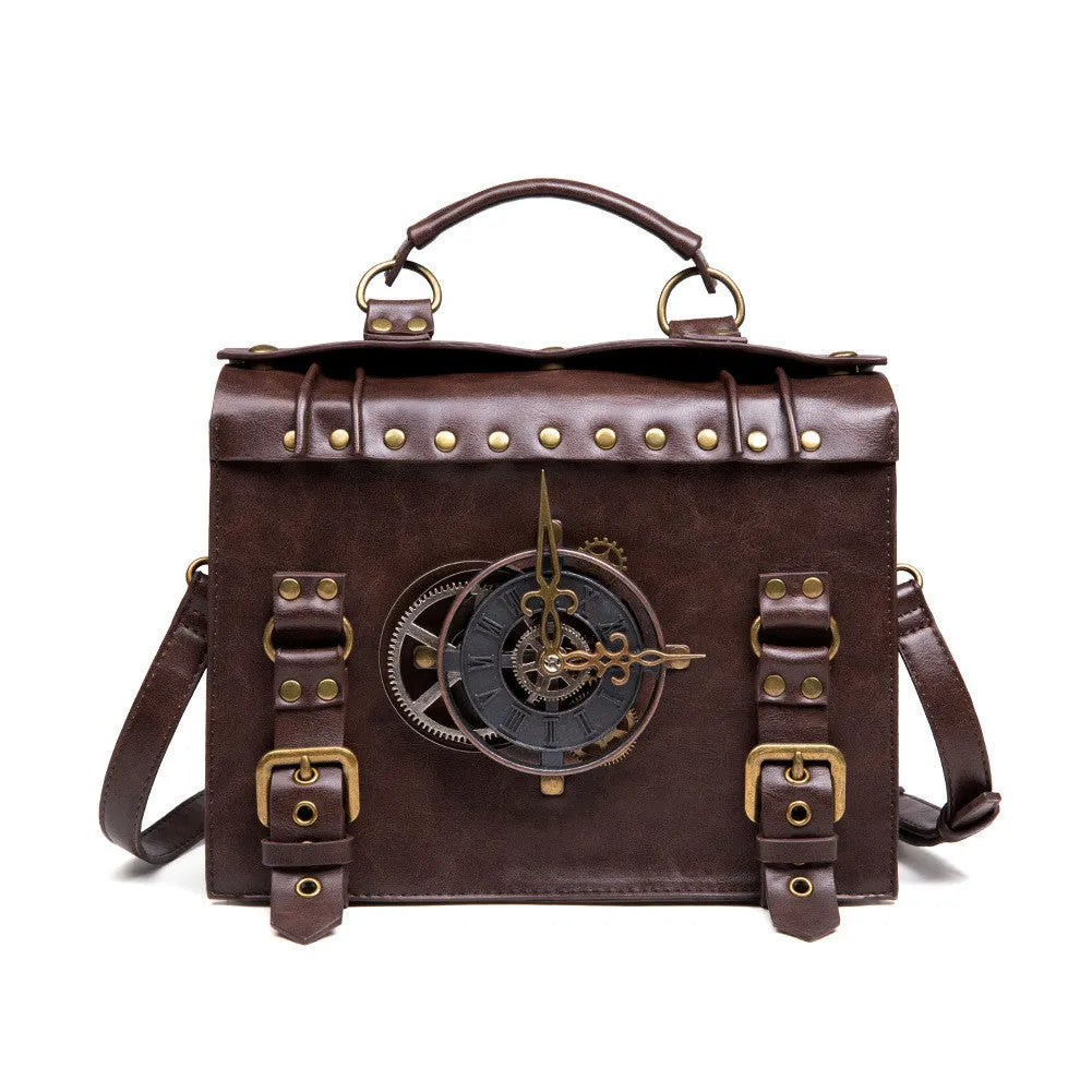 Bronze steampunk shoulder bag with industrial retro styling and horizontal square shape