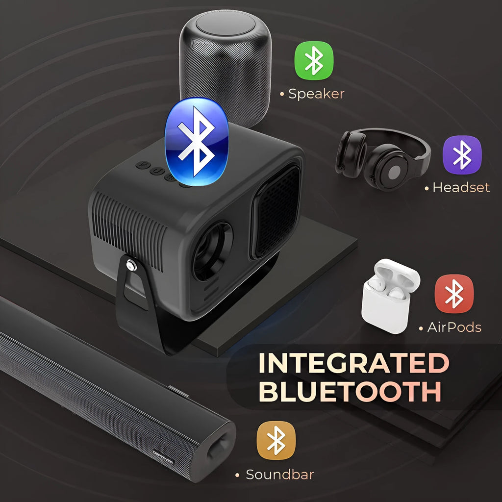 Black portable HD smart projector with remote control on table