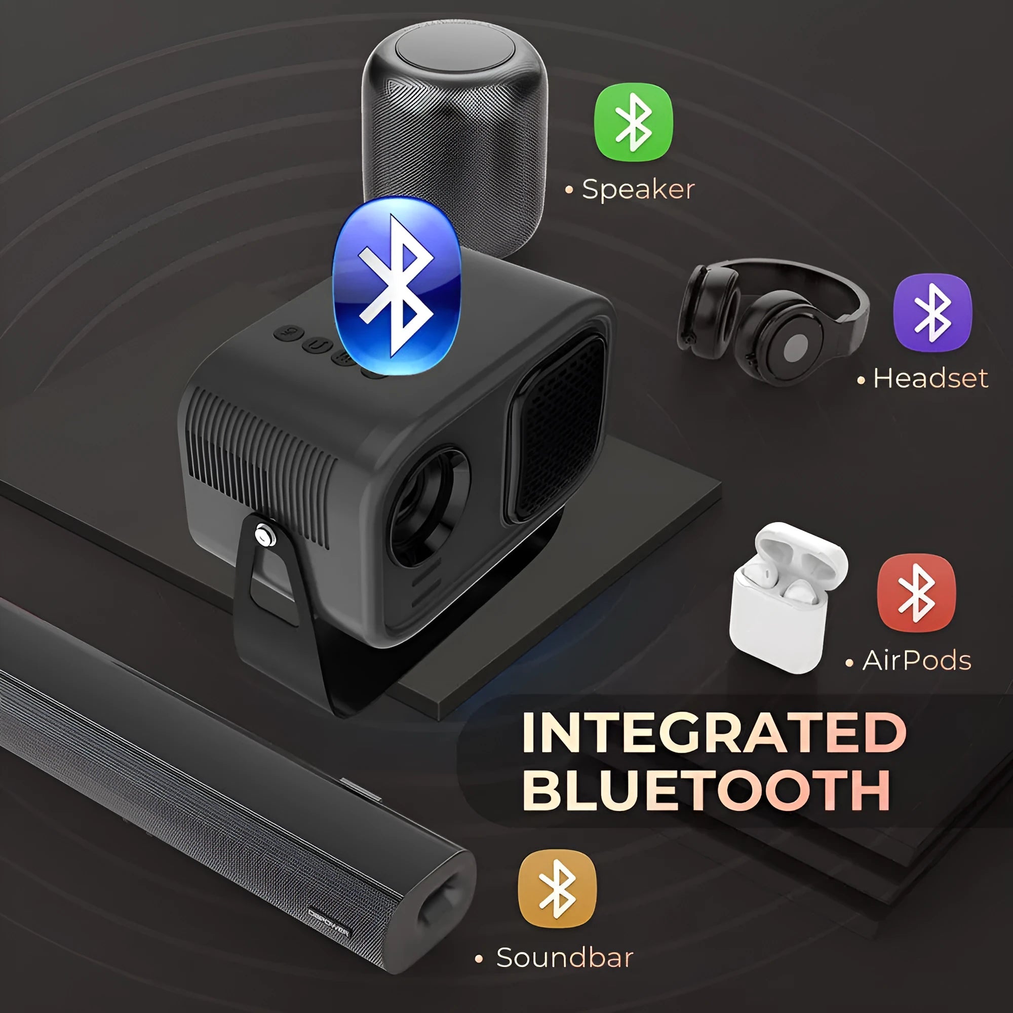 Black portable HD smart projector with remote control on table