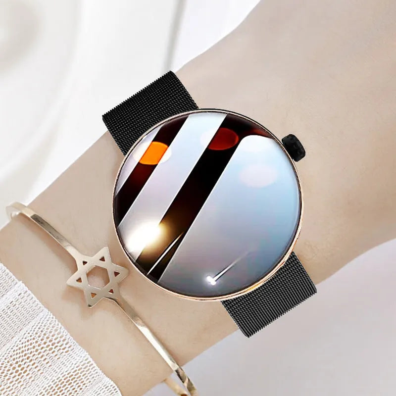 Women's smart watch with circular colour touchscreen and metal wrist strap in black, gold or silver steel