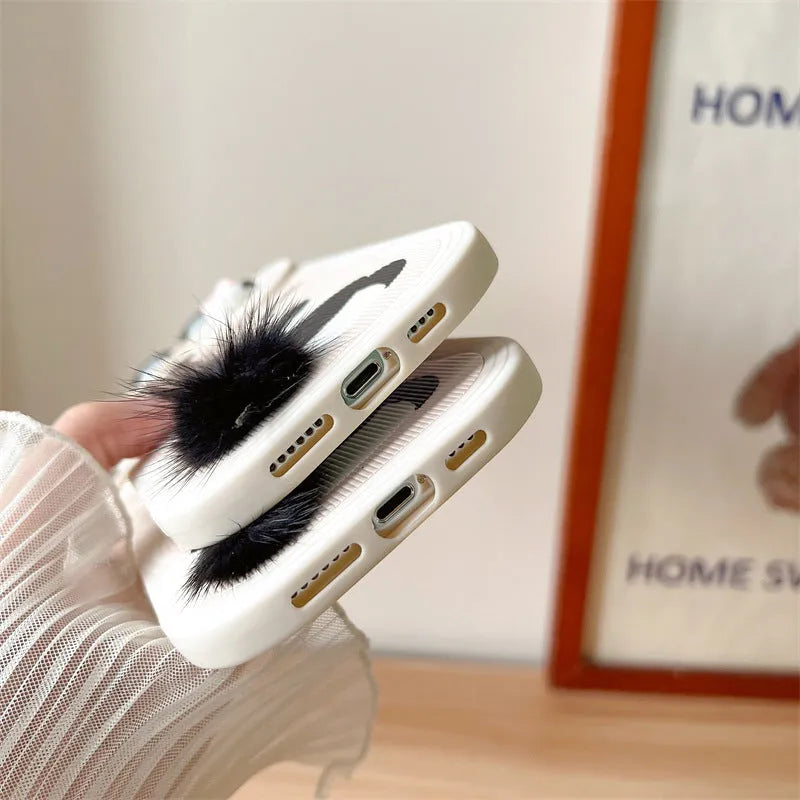 Furry panda phone case with hand-woven tail, soft silicone, for Apple iPhone