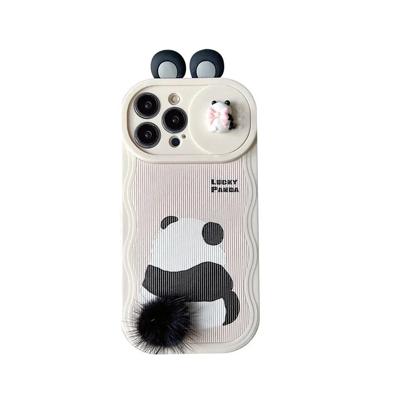 Furry panda phone case with hand-woven tail, soft silicone, for Apple iPhone