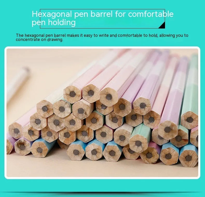 Barrel of 50 basswood six-angle thermal transfer pencils with HB refills on a work surface.
