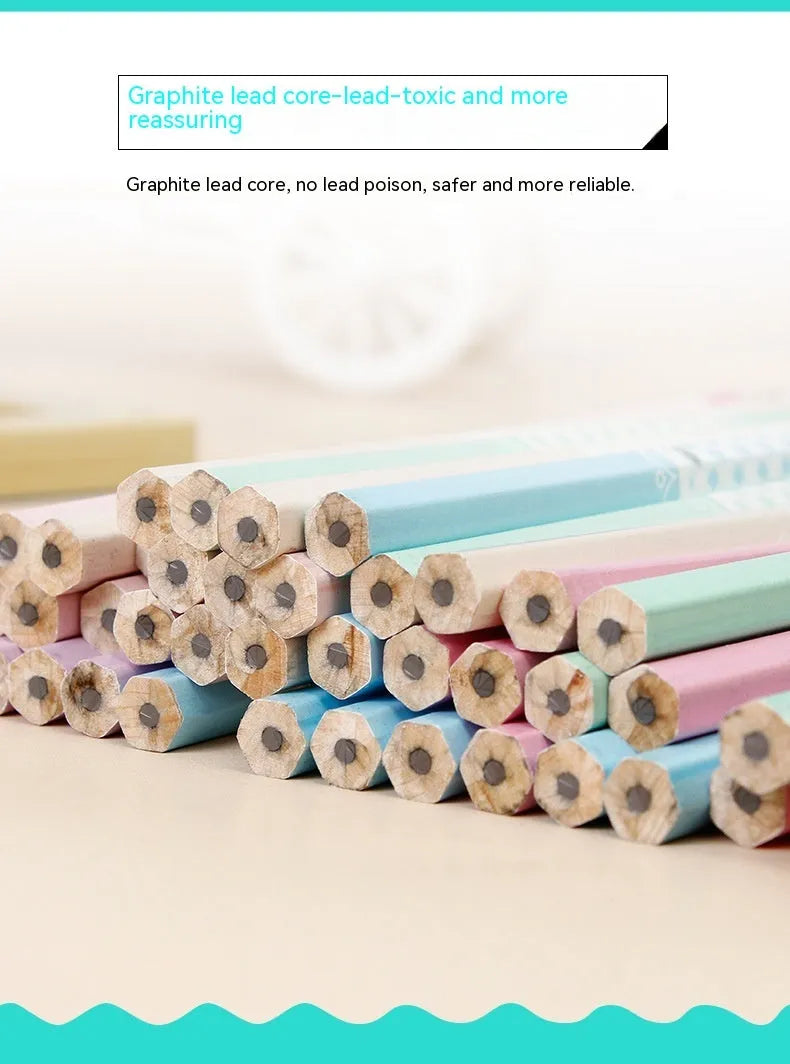 Barrel of 50 basswood six-angle thermal transfer pencils with HB refills on a work surface.