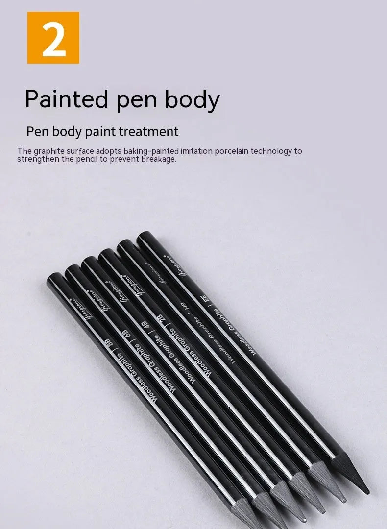 Set of six graphite pencils and three carbonized drawing pencils with wooden casings on a blister card.