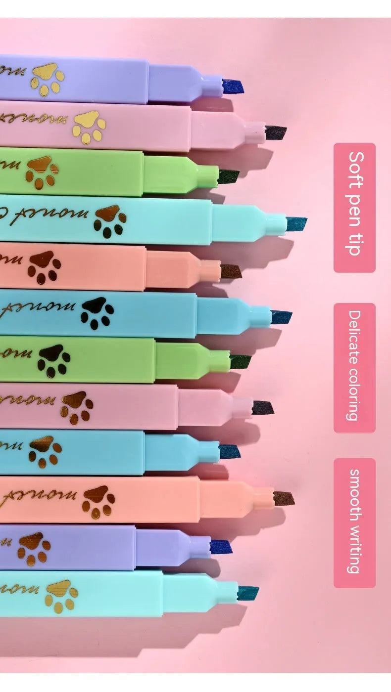 Cat's paw fluorescent marking pen set with six coloured oblique-head refills in plastic case