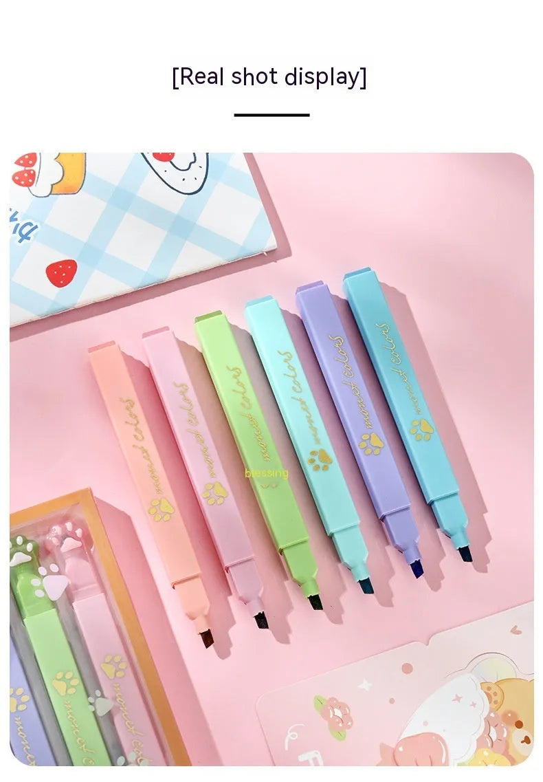 Cat's paw fluorescent marking pen set with six coloured oblique-head refills in plastic case