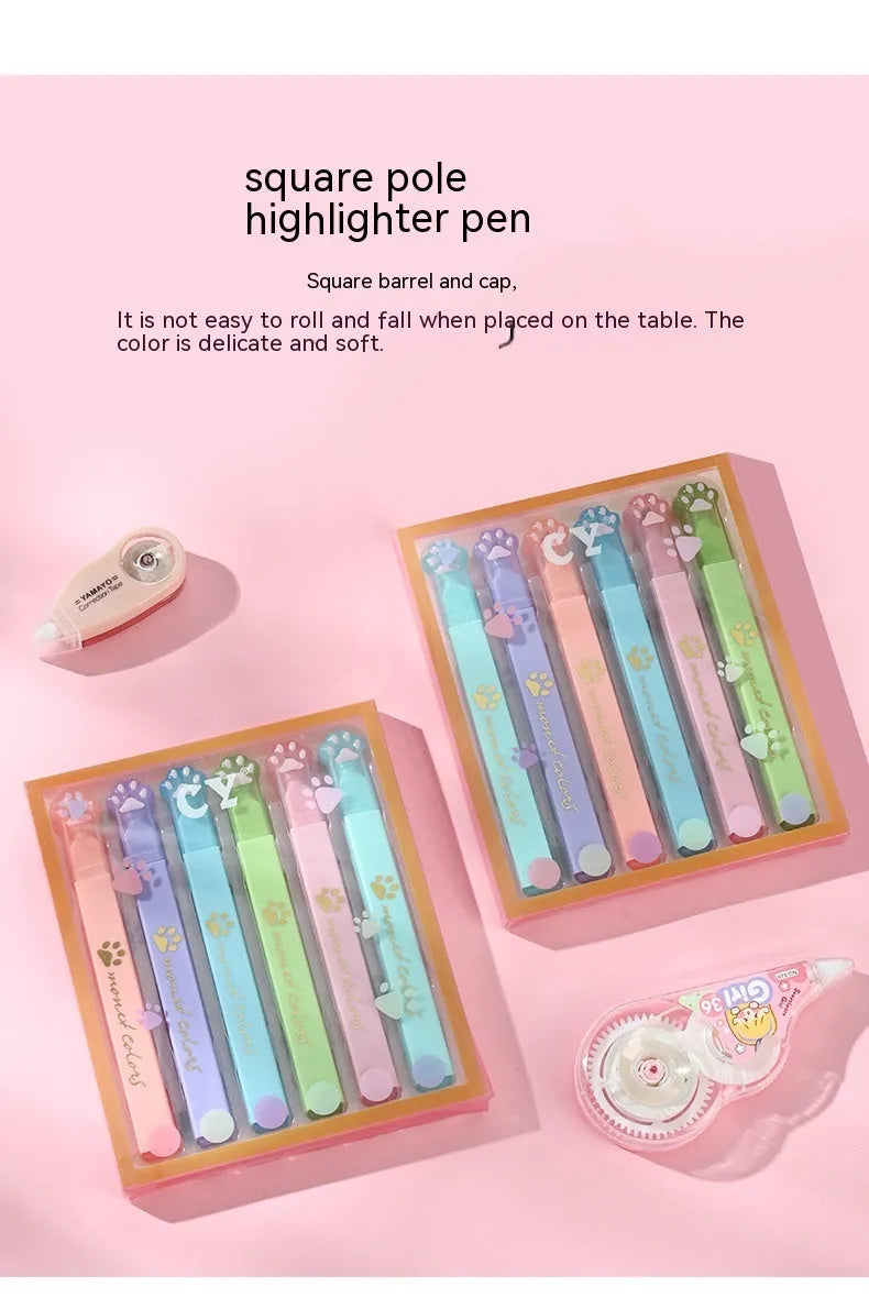 Cat's paw fluorescent marking pen set with six coloured oblique-head refills in plastic case