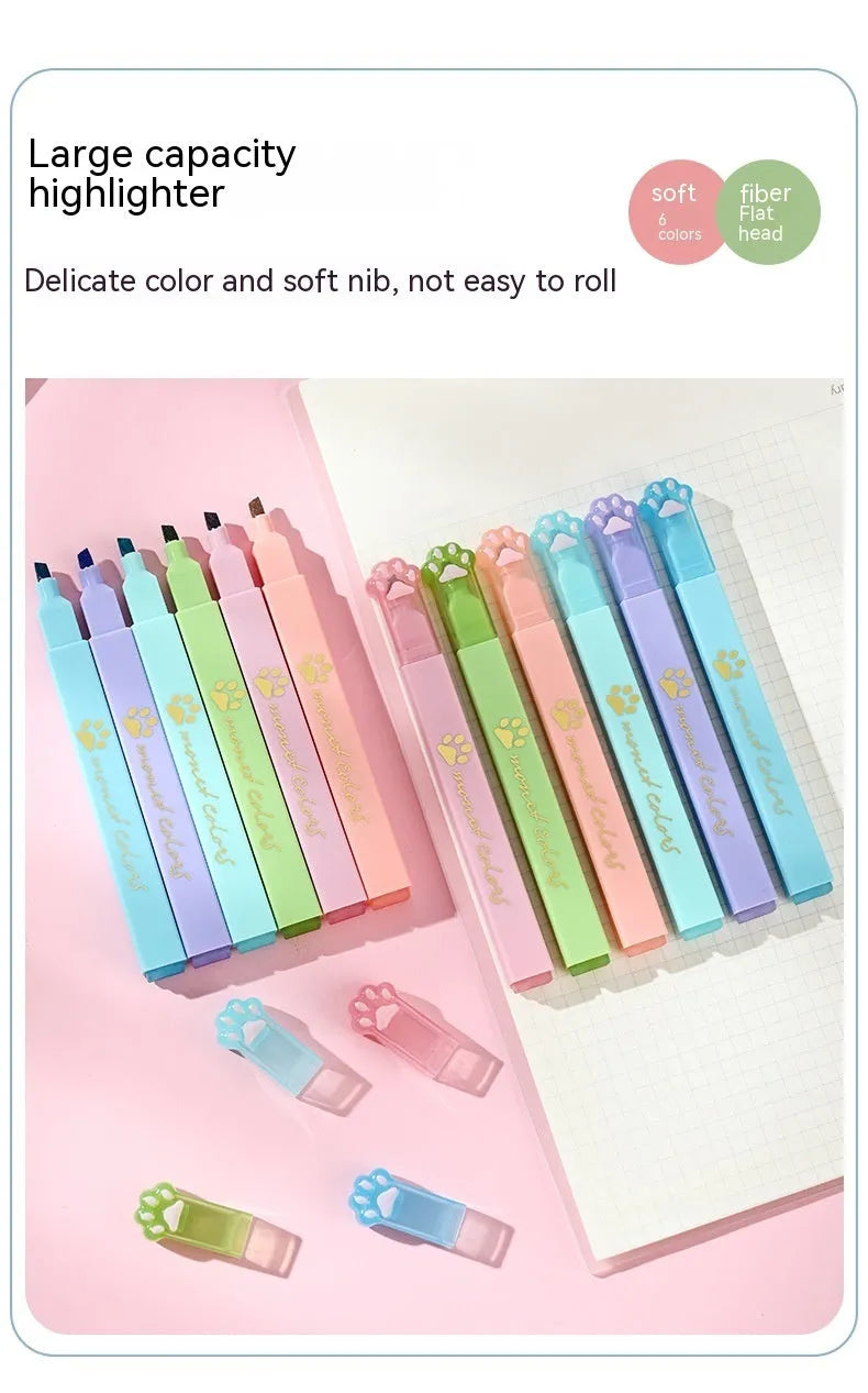 Cat's paw fluorescent marking pen set with six coloured oblique-head refills in plastic case