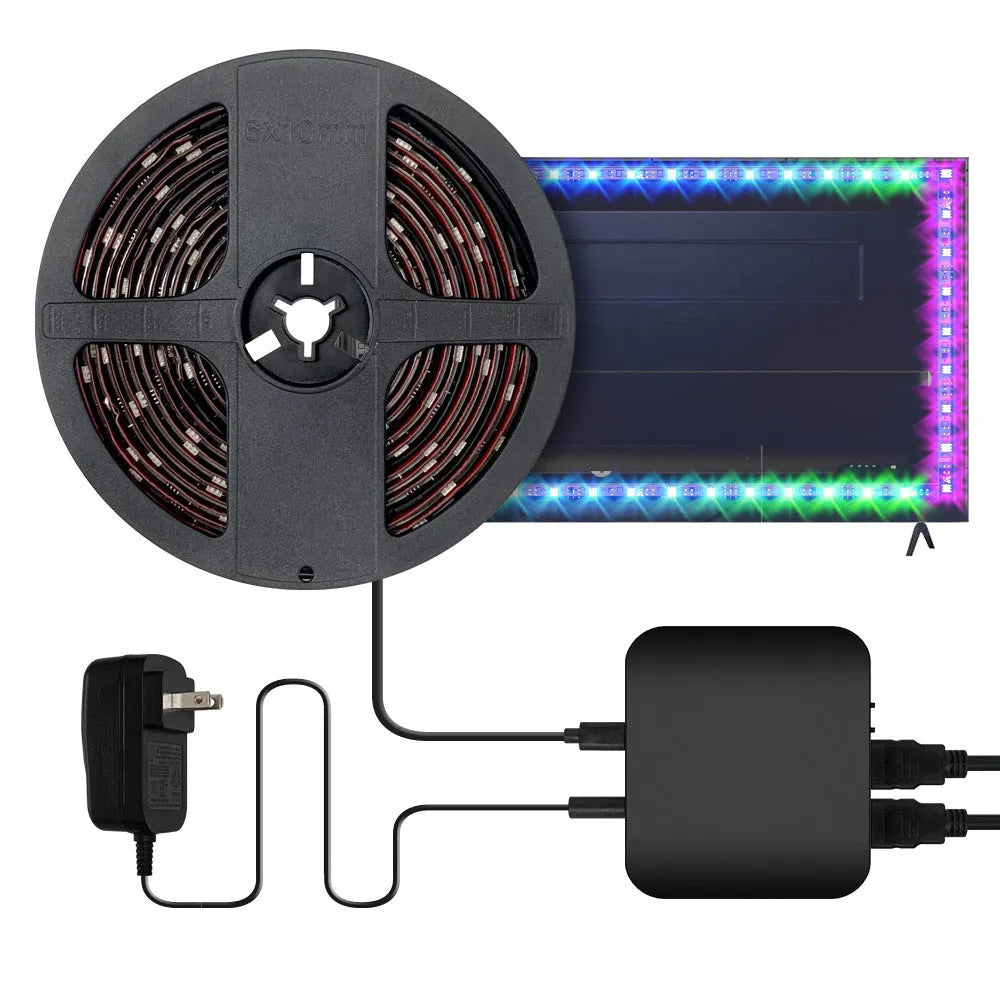 Smart Wi-Fi LED light strip coiled on a table, showing adhesive backing, with a smartphone displaying a control app nearby.