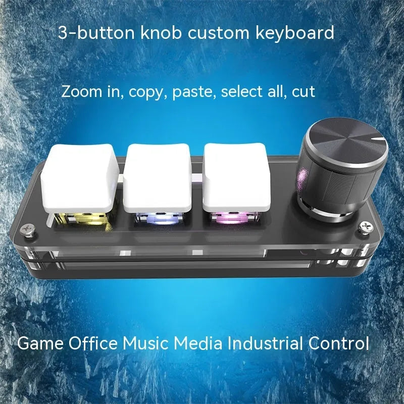 Black mini macro keyboard with RGB backlighting and dedicated copy paste keys