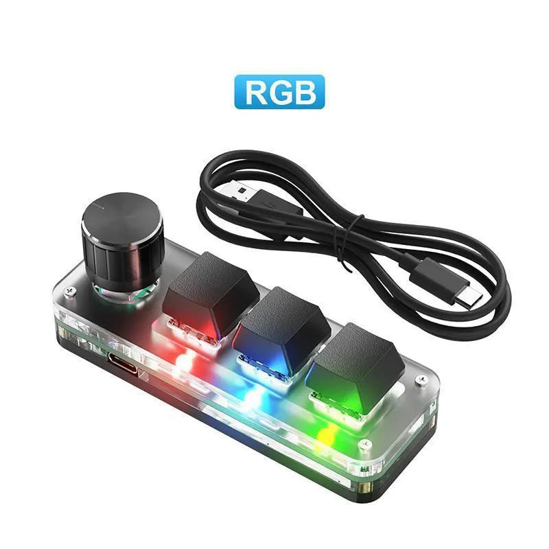 Black mini macro keyboard with RGB backlighting and dedicated copy paste keys