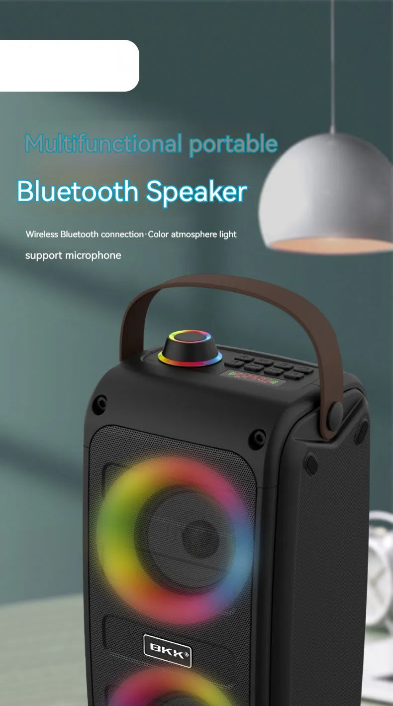Portable Bluetooth speaker with colour light and radio in black plastic casing with button controls
