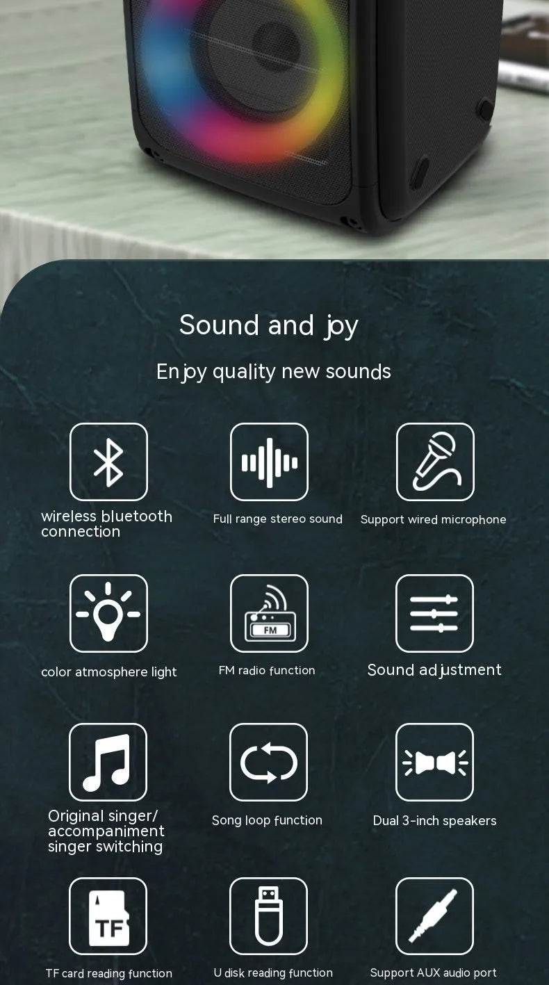 Portable Bluetooth speaker with colour light and radio in black plastic casing with button controls