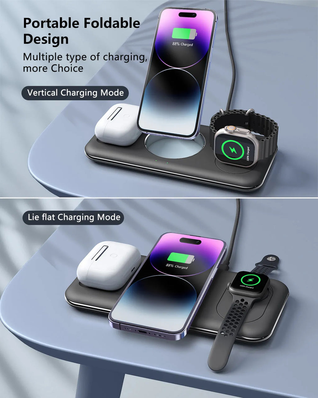 Folding magnetic wireless charger desktop bracket in white with phone charging in upright position