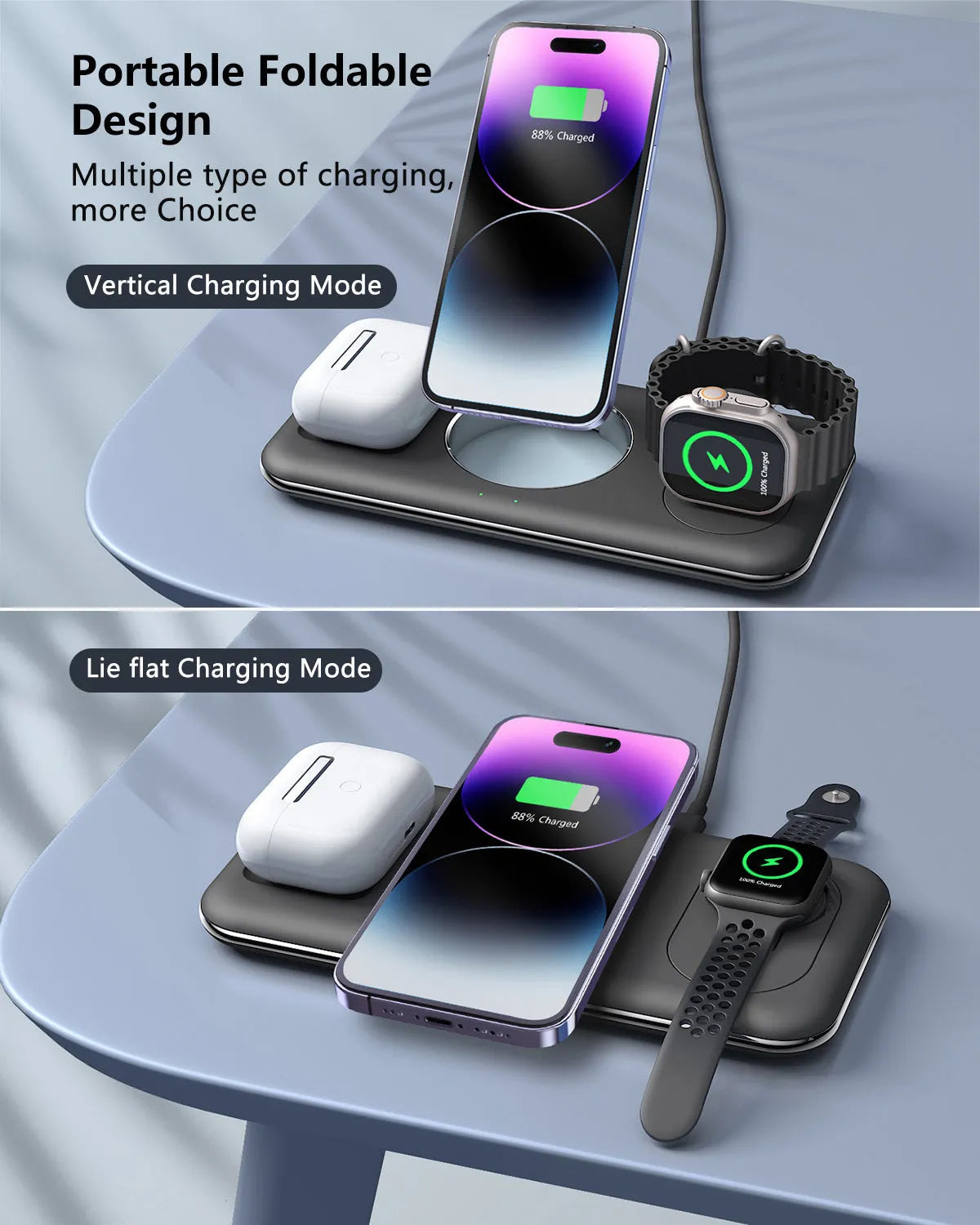 Folding magnetic wireless charger desktop bracket in white with phone charging in upright position