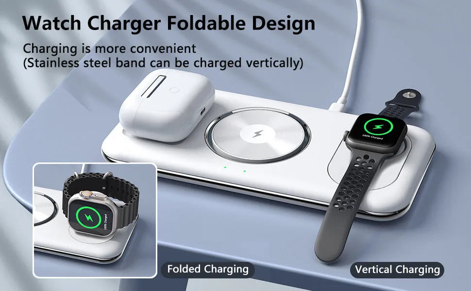 Folding magnetic wireless charger desktop bracket in white with phone charging in upright position