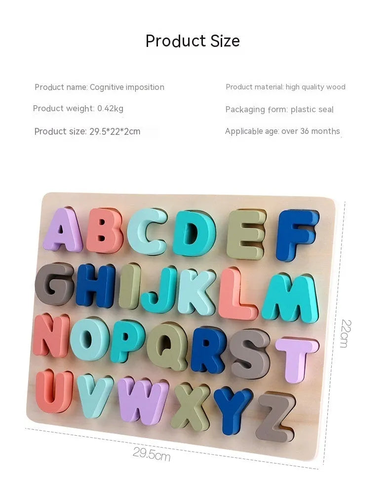 Children's wooden jigsaw puzzle board with macaron-coloured shape and letter pieces, 29.5x22 cm