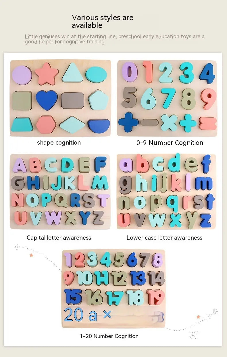 Children's wooden jigsaw puzzle board with macaron-coloured shape and letter pieces, 29.5x22 cm