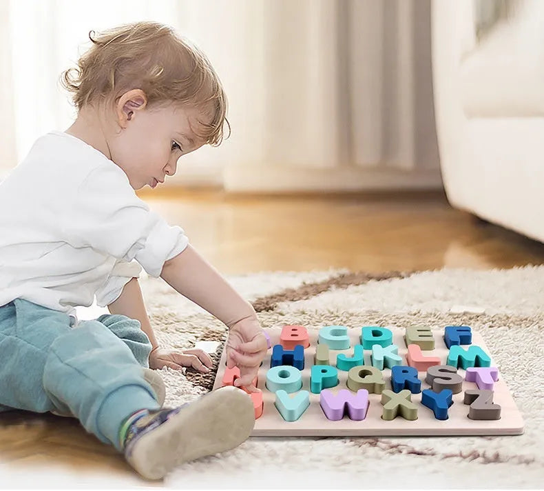 Children's wooden jigsaw puzzle board with macaron-coloured shape and letter pieces, 29.5x22 cm