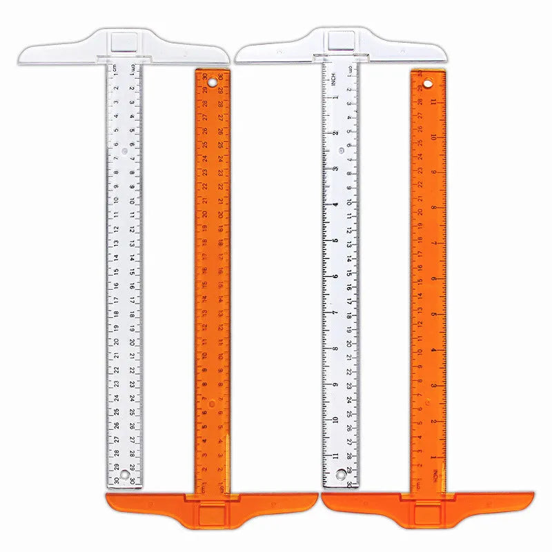 Orange-yellow plastic T-square ruler showing 30 cm scale and right-angle edge for drafting.